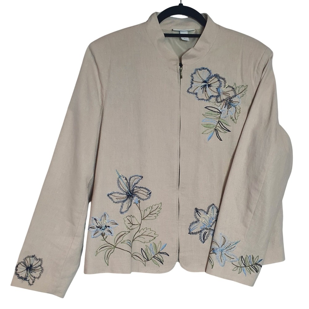 Dressbarn Womens Large Tan Linen Blend Floral Embroidered Zip Up Jacket Boho